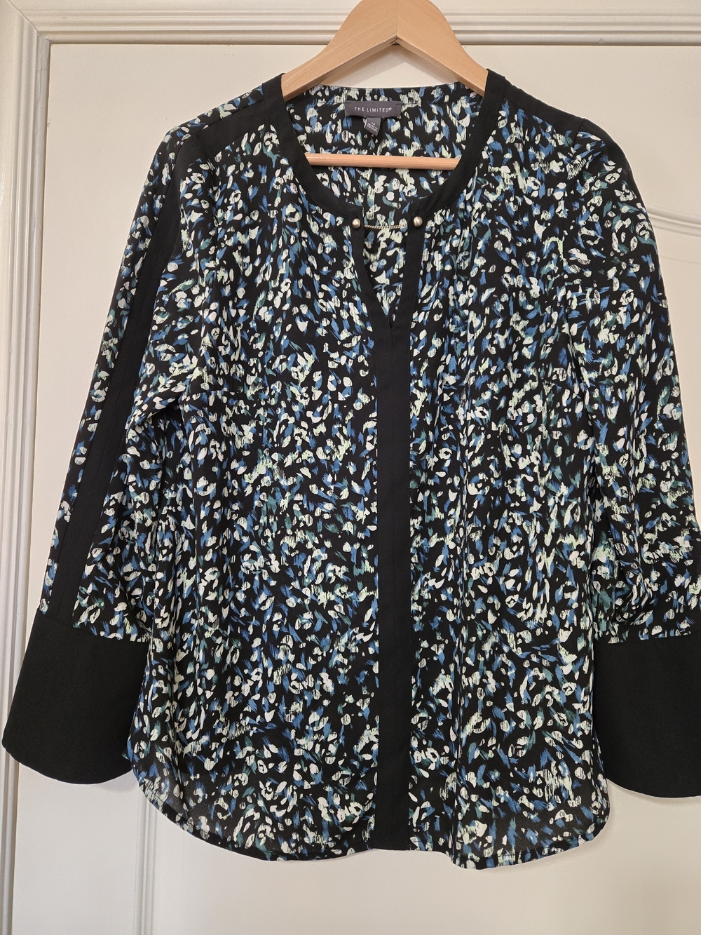 The Limited Black Floral-Print Button Front Blouse with Blue & White Accents